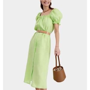 Sleeper Dress Womens Medium Green Linen Puff Sleeve Button Front Midi Sundress